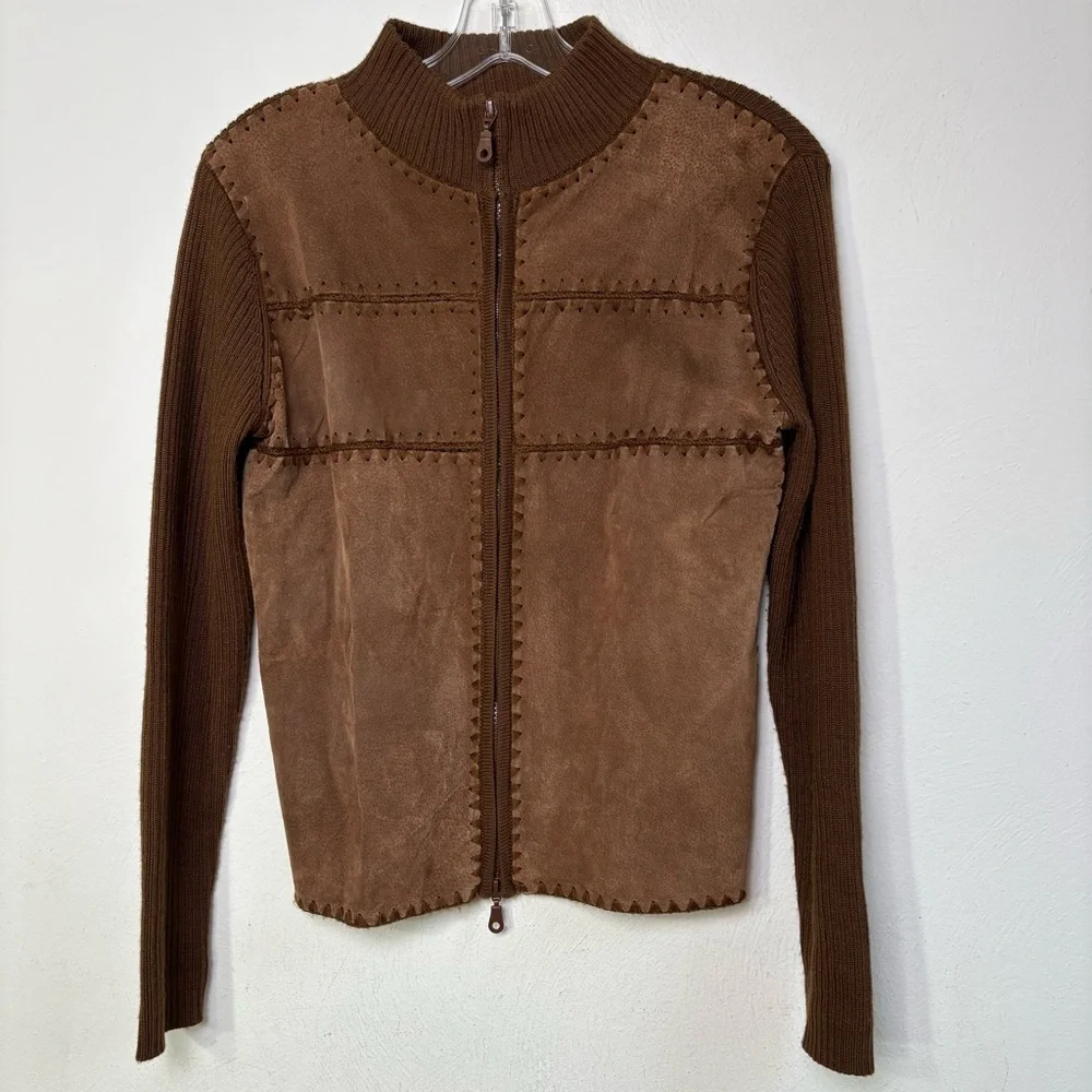 Vintage Wool Blend Suede Leather Patchwork Zip Cardigan Jacket Sweater Boho 70s - Picture 2 of 16